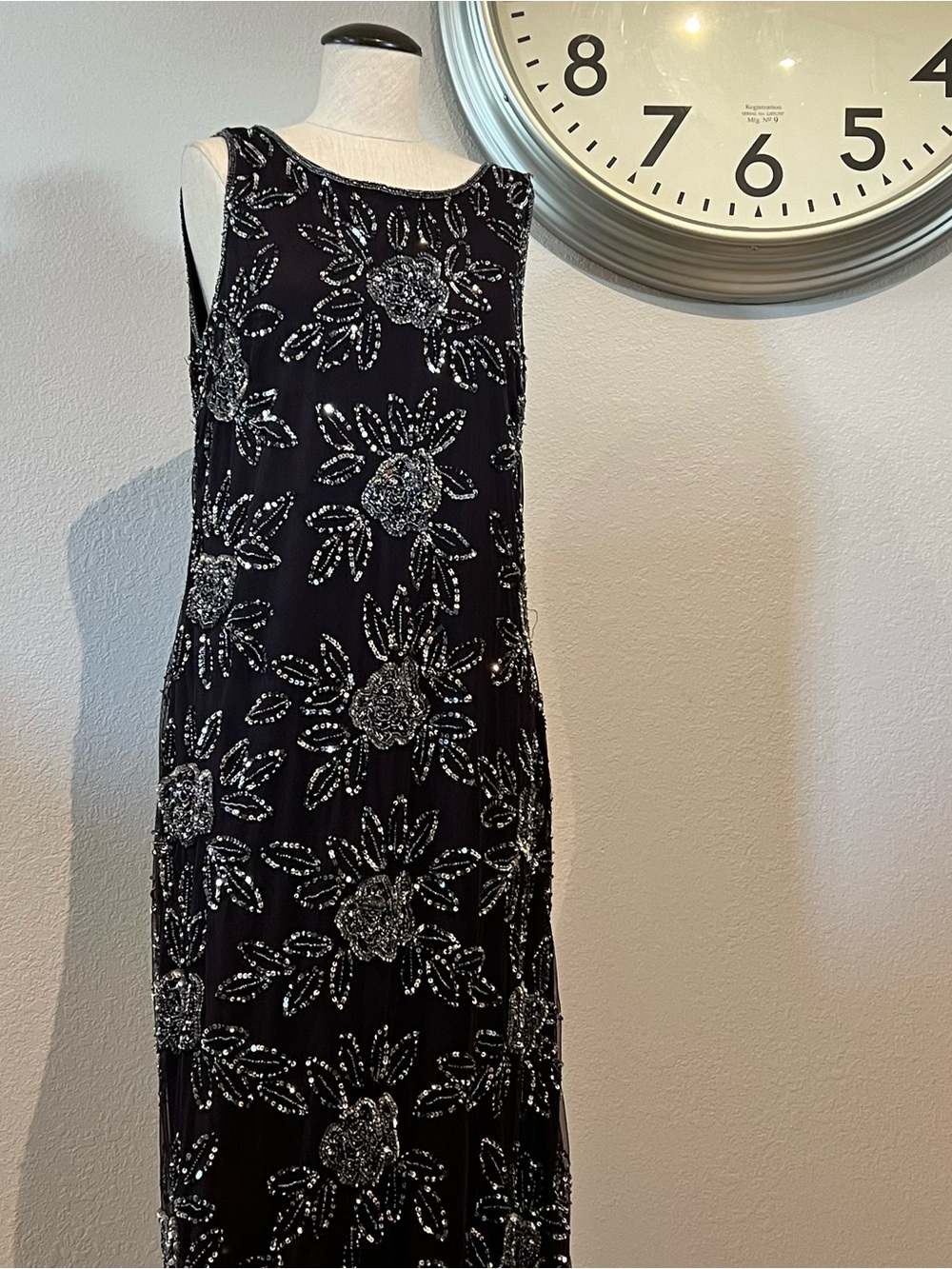 Pisarro Nights Black Maxi Dress with Silver Beaded Floral Design